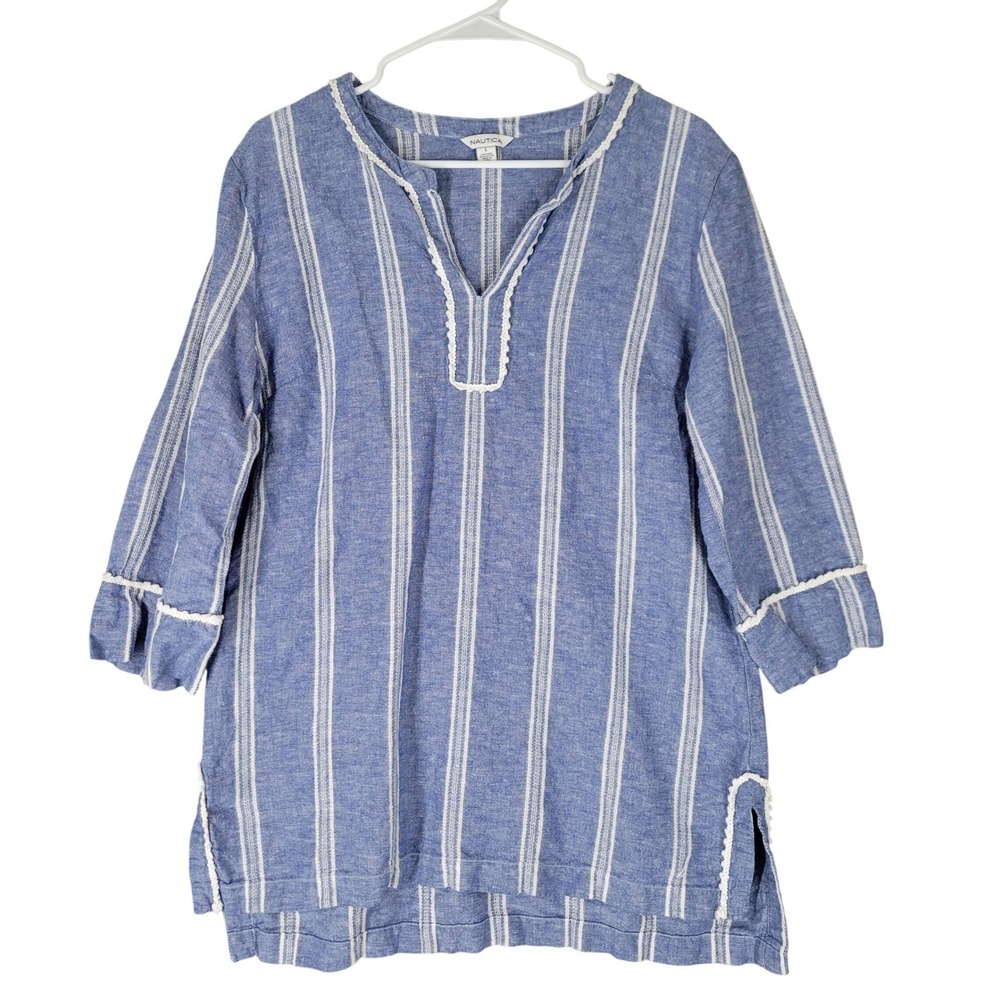 Nautica Tunic Top Womens Large Blue Linen Cotton Striped Coastal Boho